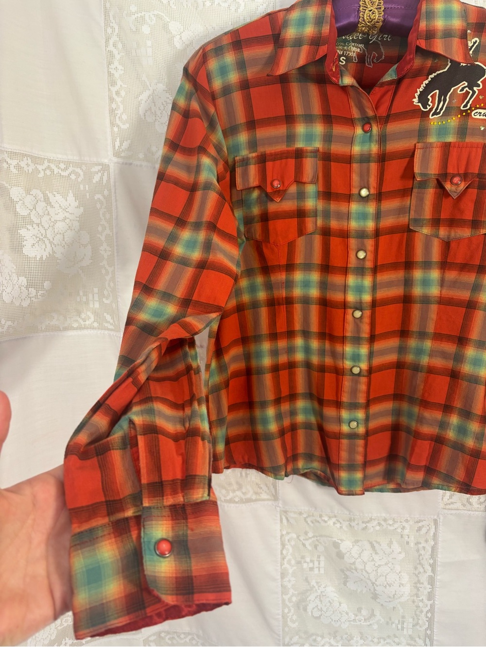 Orange Plaid Beaded Embellished Cowgirl Western Pearl Snap Button Up Size S - Picture 4 of 14